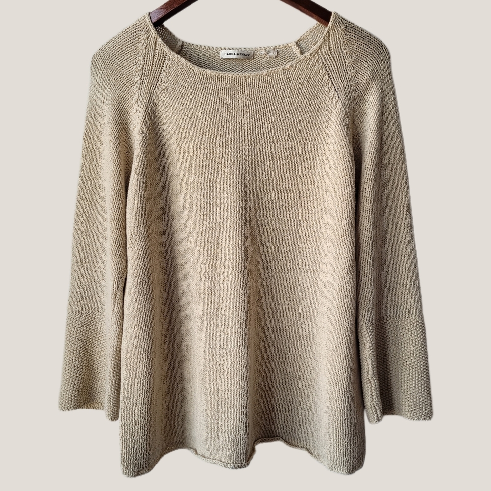 Vintage Laura Ashley Loose Fit Boatneck Knit Beige Sweater Size Medium